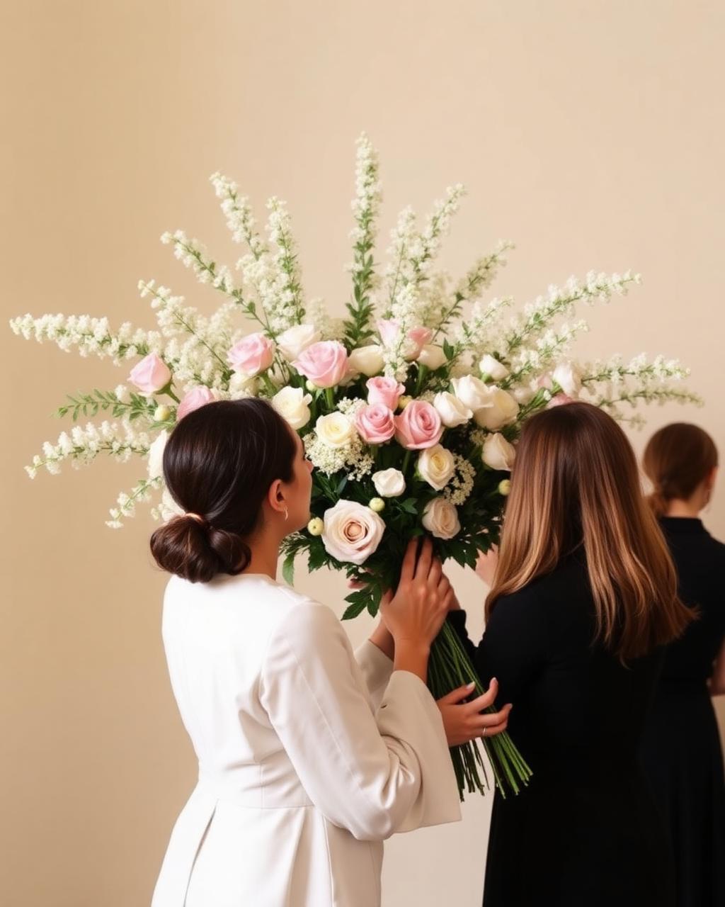 Florist arranging luxury blush floral installation