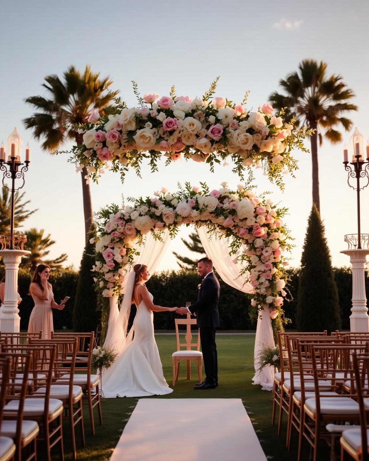 Cascading floral arch ceremony at golden hour