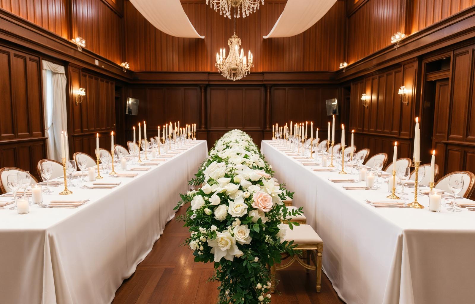 Long candle-lit gala banquet table